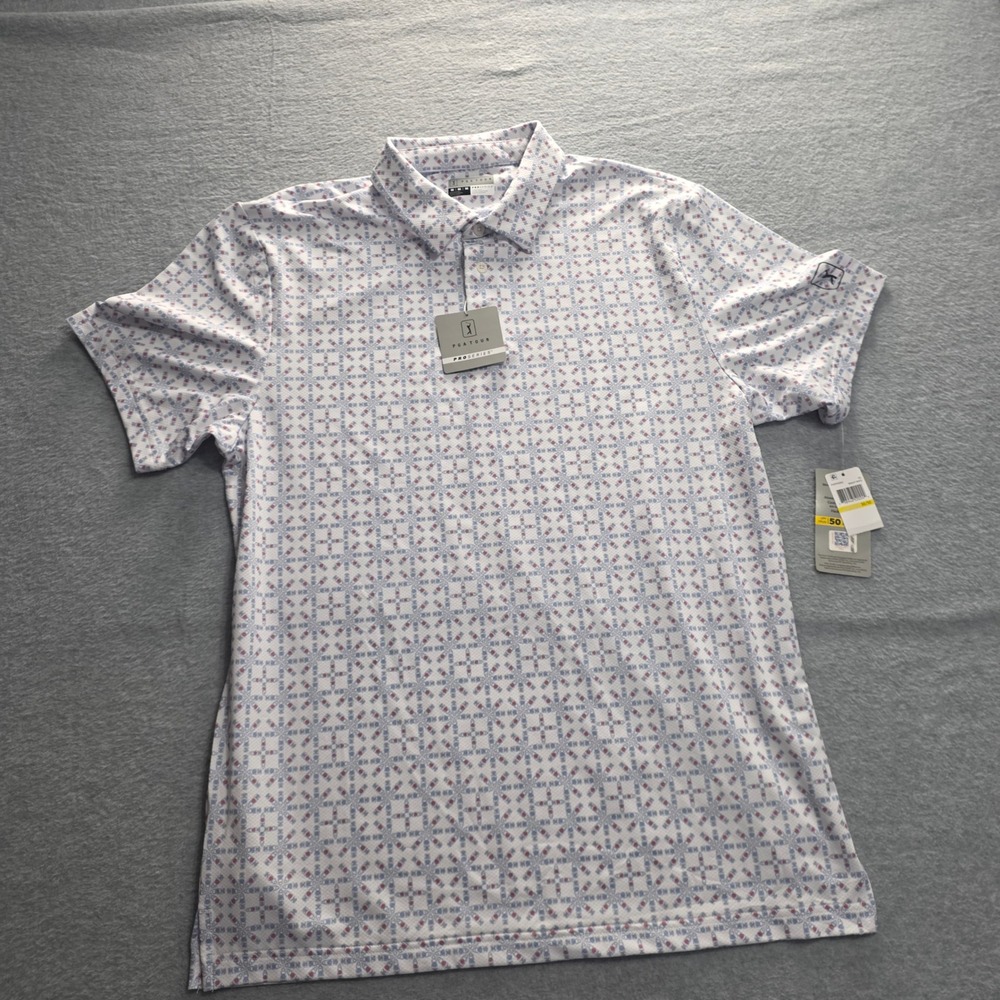 PGA Tour Pro Series Mens Athletic Fit Golf Polo Shirt White Geometric Print Sz M